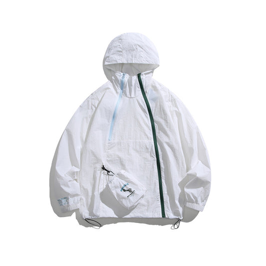 Slant zipper large pocket hooded sun protection clothing for men and women