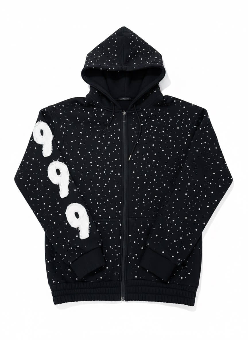 Rhinestone Hoodie Premium Black Zip-Up Streetwear / Chompiter 999