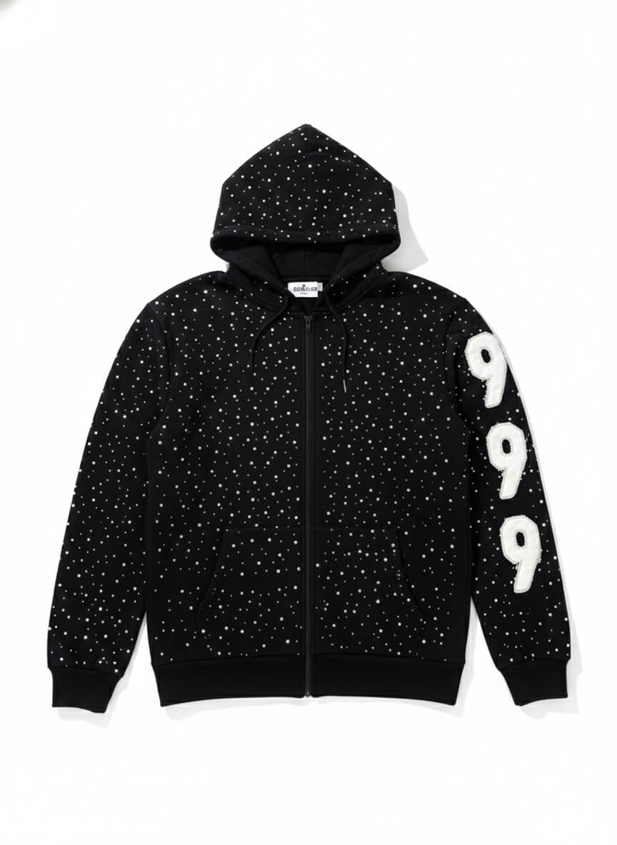 Rhinestone Hoodie Premium Black Zip-Up Streetwear / Chompiter 999