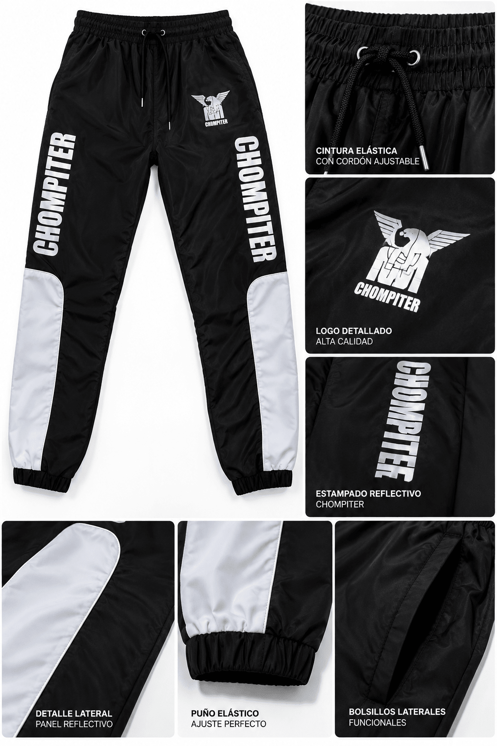 Detalles de los joggers CHOMPITER: cintura elástica con cordón, logo, estampado reflectivo, puños y bolsillos laterales