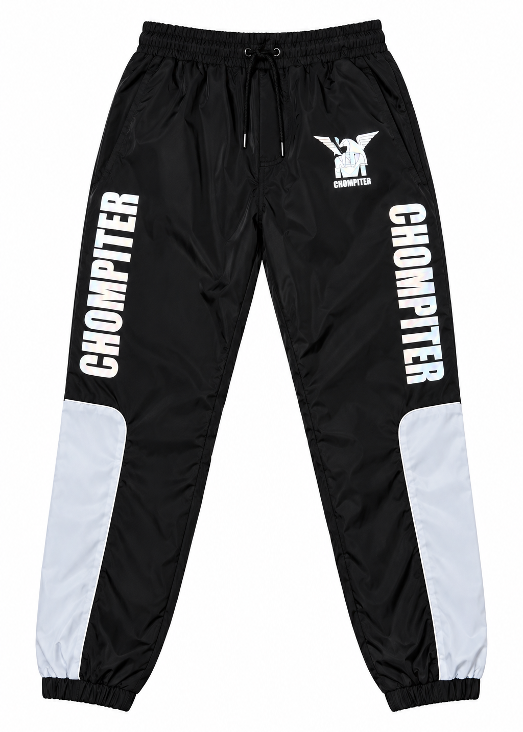 Reflective Joggers CHOMPITER negros vista frontal con paneles reflectivos y branding vertical