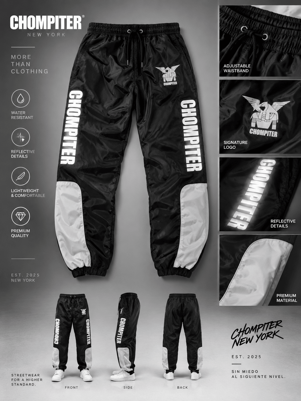 Ficha técnica de los Reflective Joggers CHOMPITER New York con detalles y vistas del producto