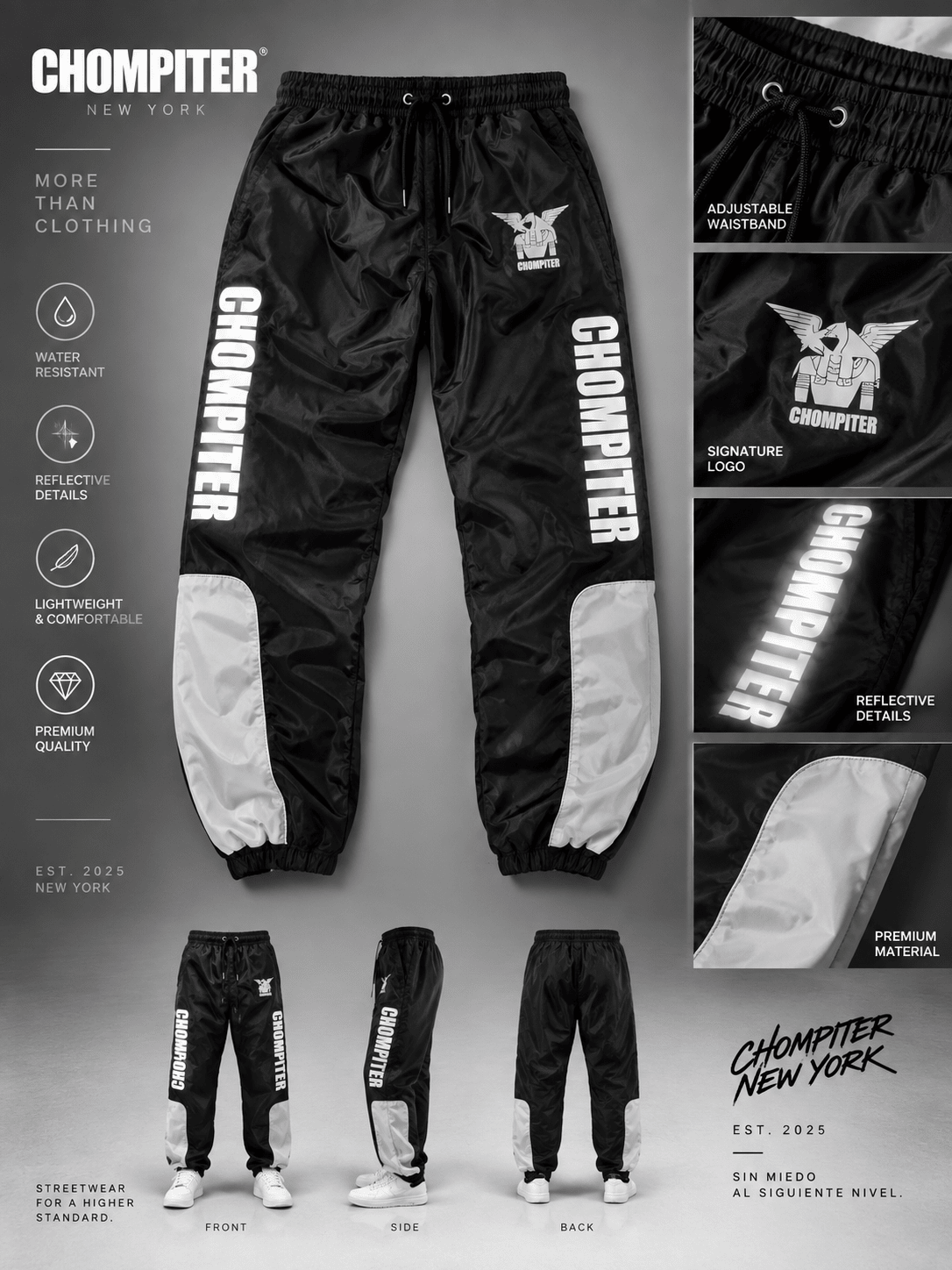 Ficha técnica de los Reflective Joggers CHOMPITER New York con detalles y vistas del producto